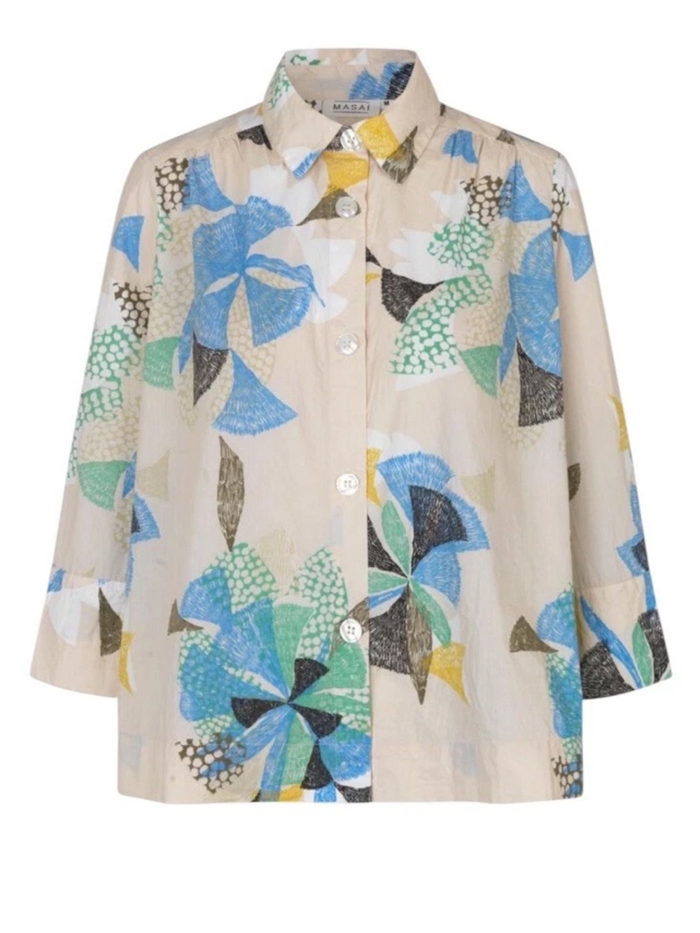 MASAI Idakai Shirt Size Large L Marina Floral 3/4 Sleeve Blouse Top 100% Cotton